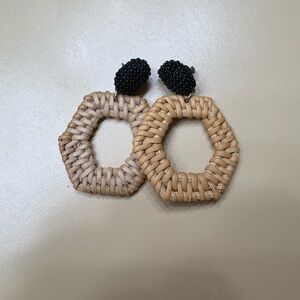 Anthropologie Woven Raffia Hexagon Earrings with Black Accents